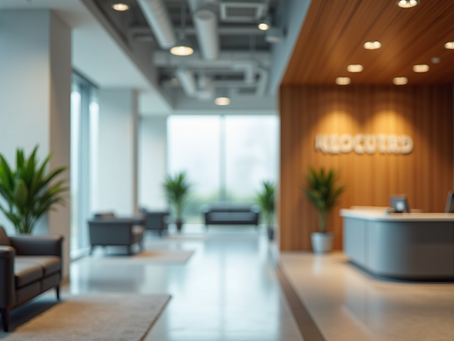 Eye-level view of a modern office reception area with clear signage
