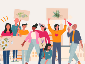 A graphic of people protesting with signs bearing images of herbs