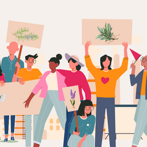 A graphic of people protesting with signs bearing images of herbs