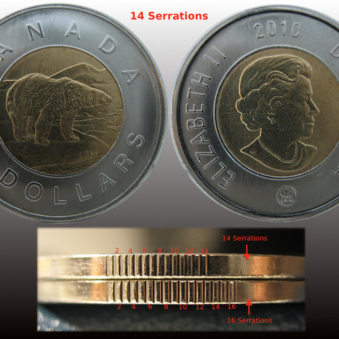 2010 Canada Two-dollar, Polar Bear, 14 Serrations, Circulation