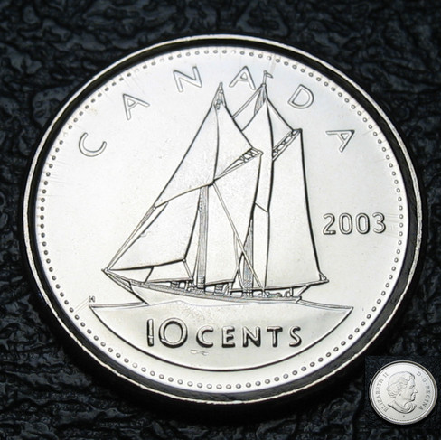 2003-p Canada 10-cent, Bluenose, New Effigy, Uncrowned, Circulation