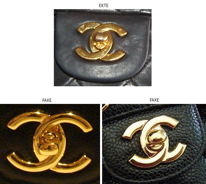 Bildesammenligning av Chanel CC-låser merket «ekte» og «fake».