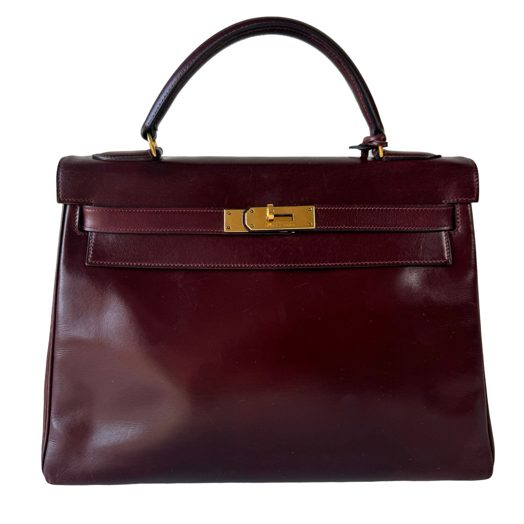 HERMÈS KELLY 32 RETOURNE BOX CALF BURGUNDY GHW