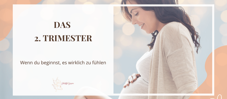 Glückliche schwangere Frau im 2. Trimester lächelt und hält schützend ihren Babybauch