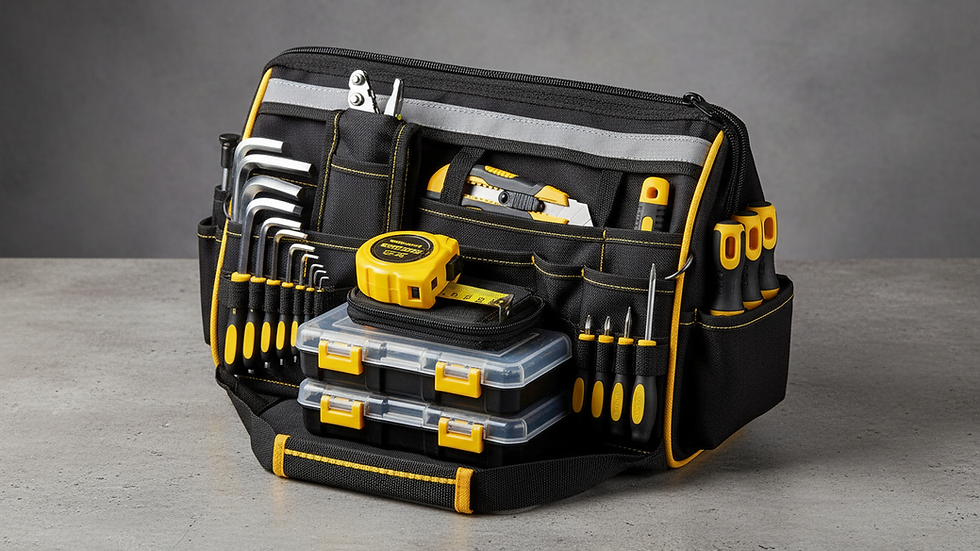 Eye-level view of a professional organizer bag open with neatly arranged tools