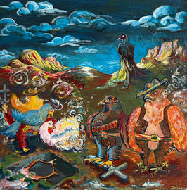 Colorful birds in cowboy attire stand in front of a western landscape.