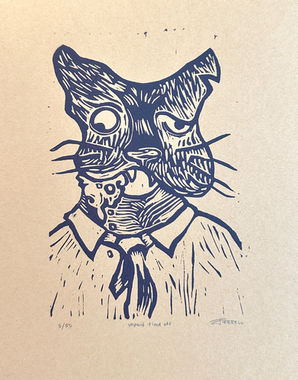 Rabid looking cat wearing disheveled shirt and tie