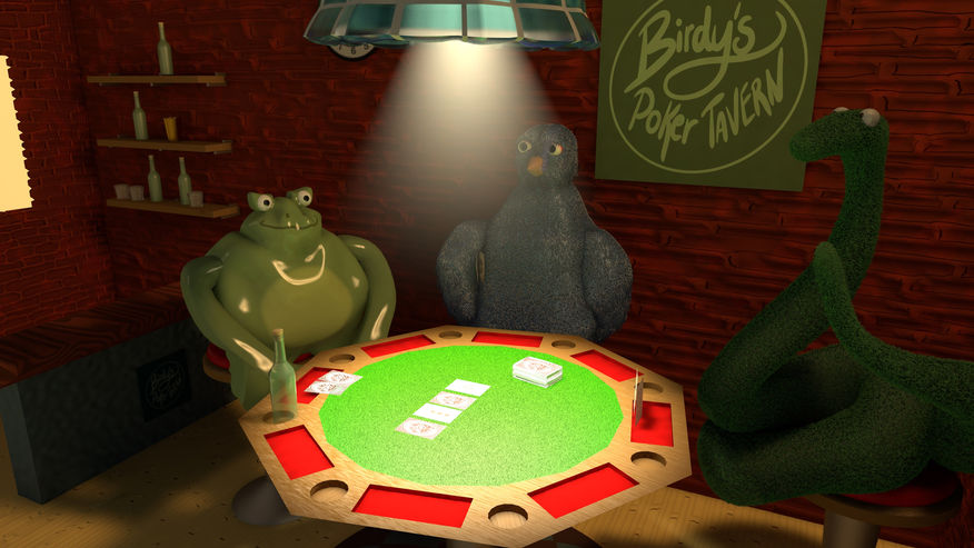 Frog, bird, and snake playing poker at Birdy's Poker Tavern, with cards.