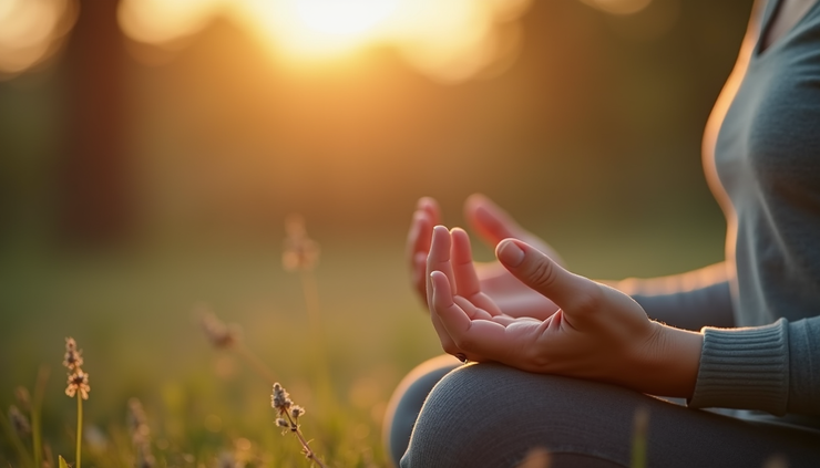 Close-up view of a person practicing deep breathing outdoors
