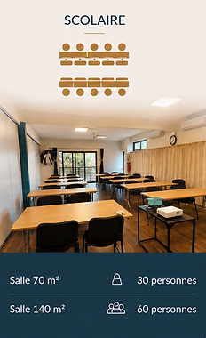 Salle de formation de 70 m² en configuration scolaire.