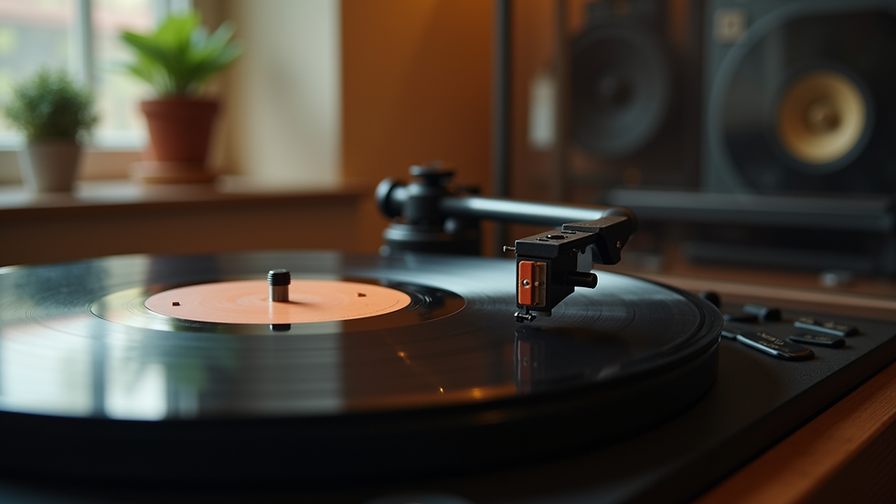 Eye-level view of a vintage record player with vinyl records