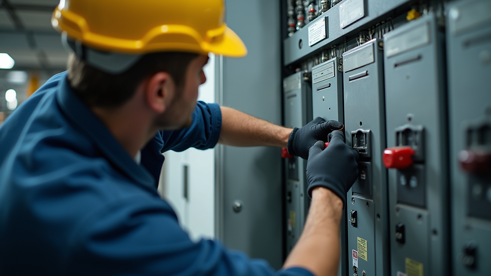 Eye-level view of an electrician working on a circuit breaker