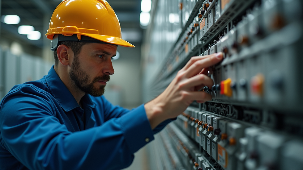 Eye-level view of an electrician working on a circuit breaker