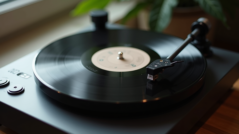 High-angle view of a sleek turntable with vinyl records