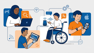 A vector illustration showing four diverse individuals with disabilities using accessibility features on devices from Microsoft, Apple, Google, and a smart speaker company.