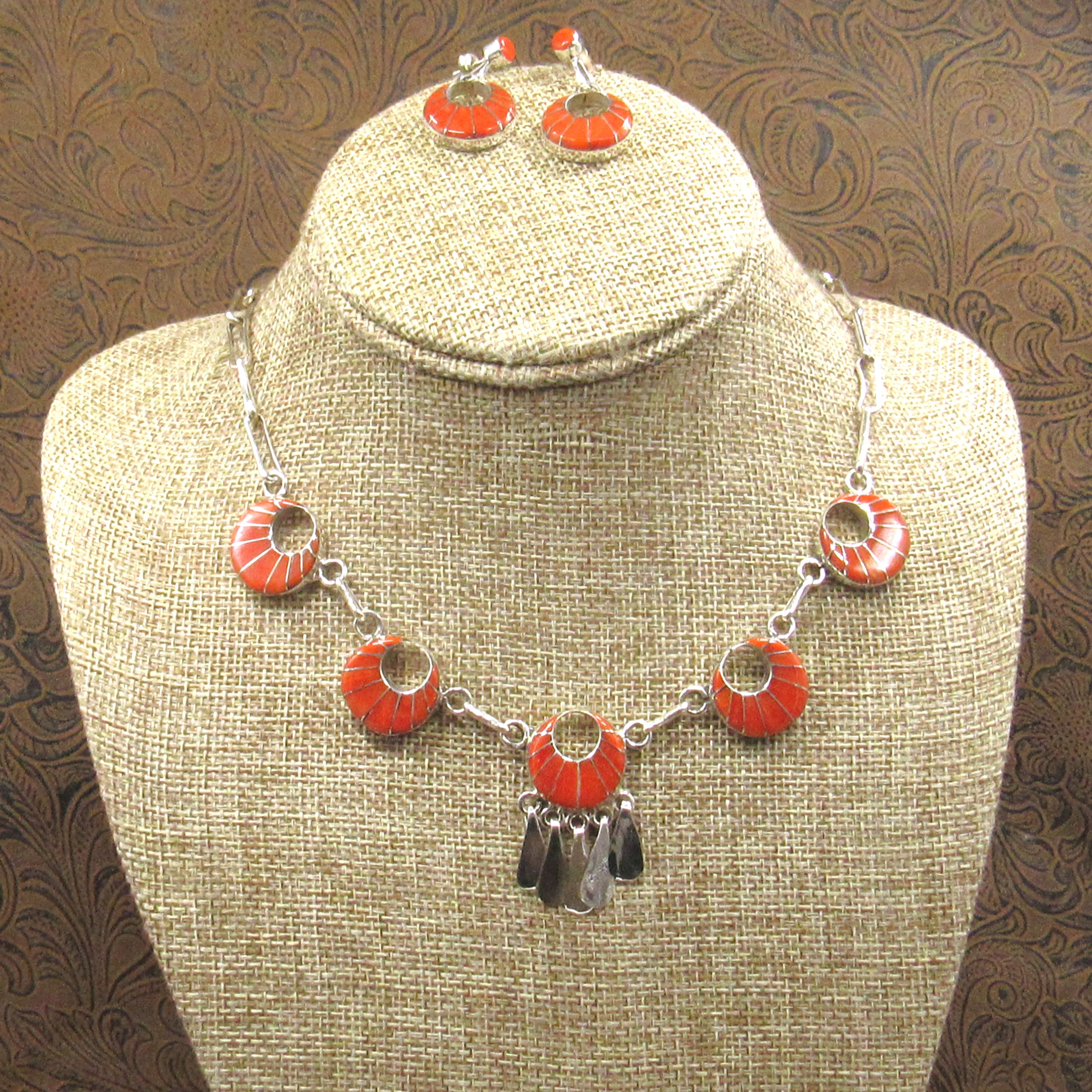 *Vivid Inlaid Coral 18" Necklace and Earring Set by Zuni Loretta Maezta