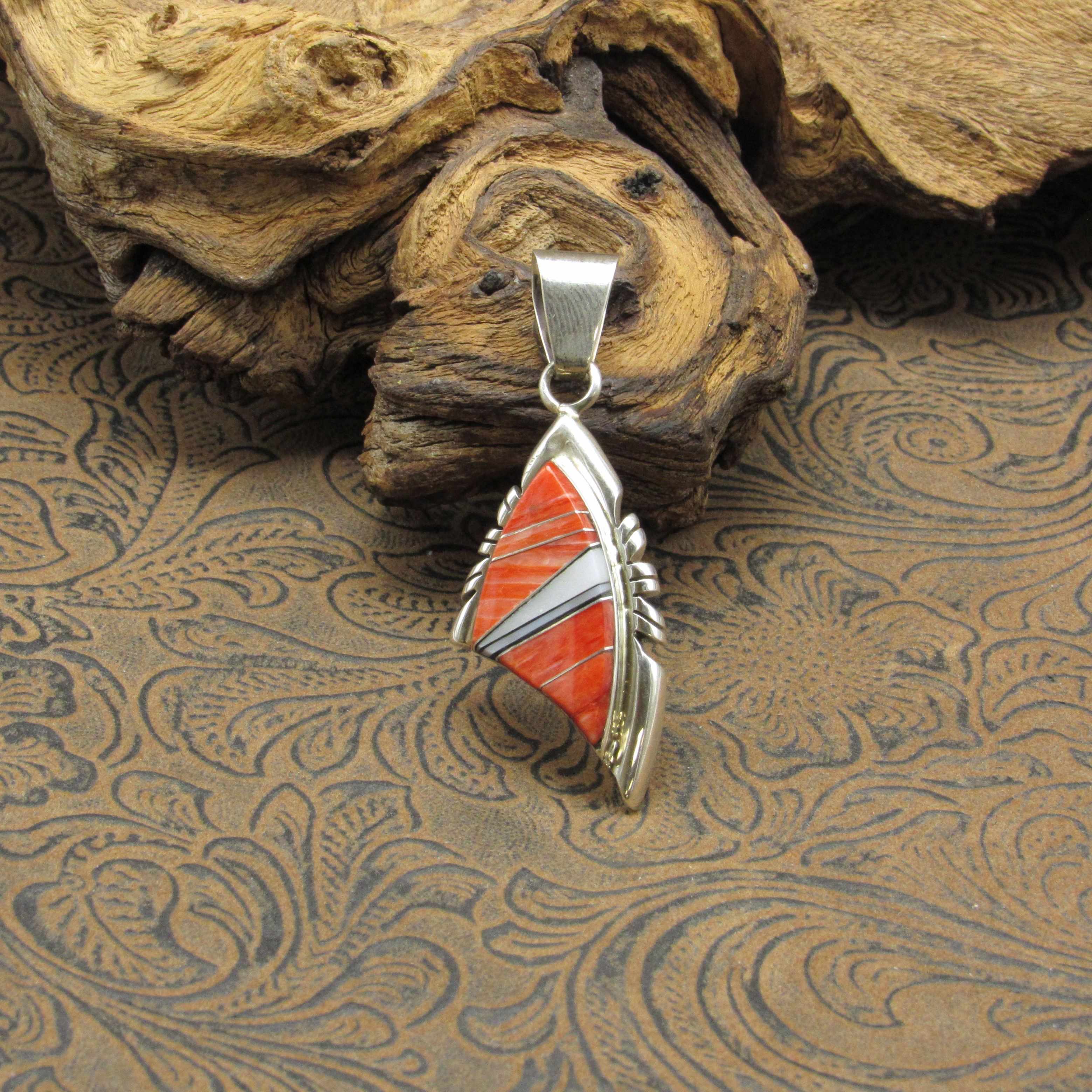 Sterling Silver Angular Spiny Oyster Shell and Mother-of-Pearl Inlay Pendant