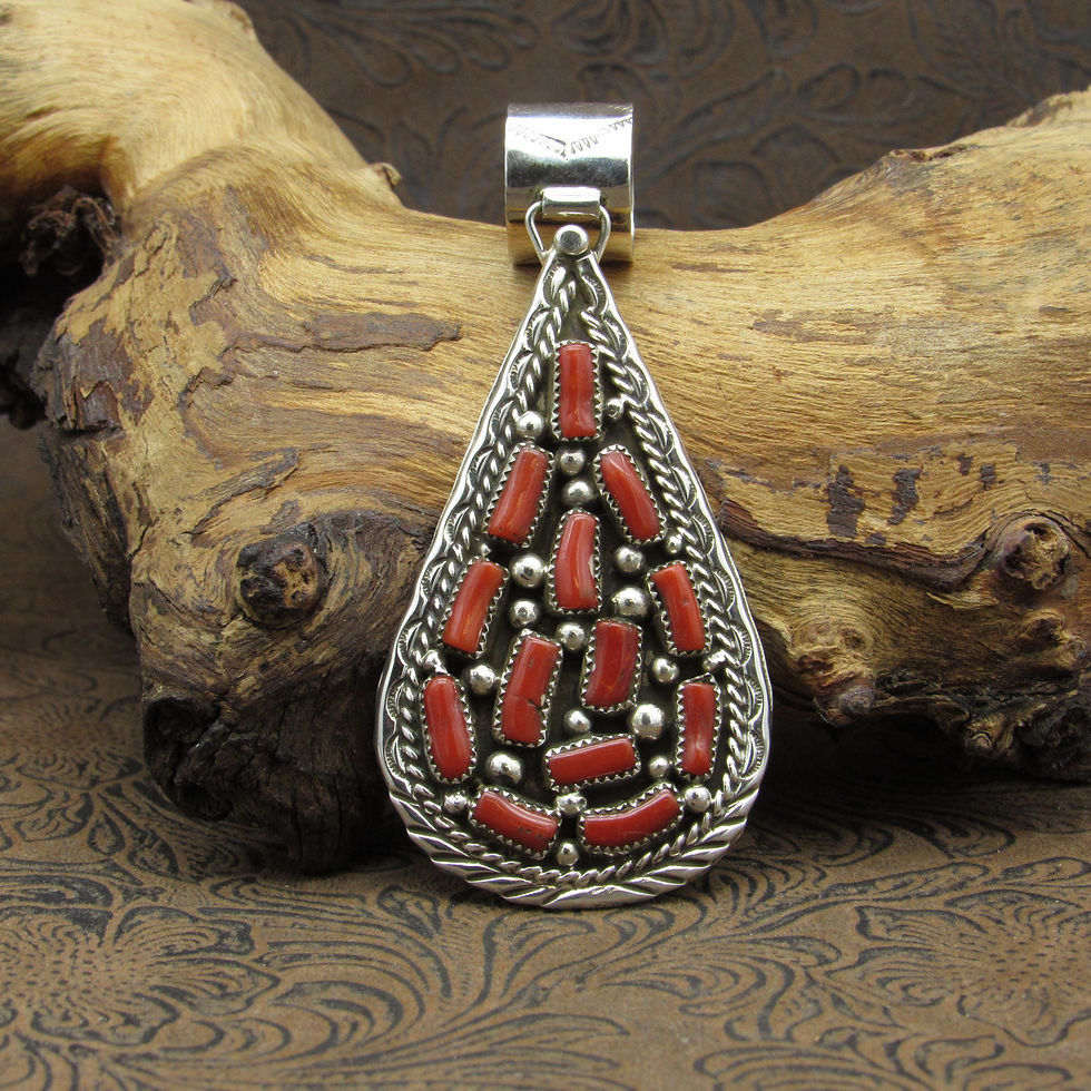Large Sterling Silver Navajo Teardrop Coral Cluster Pendant By Darlene Begay
