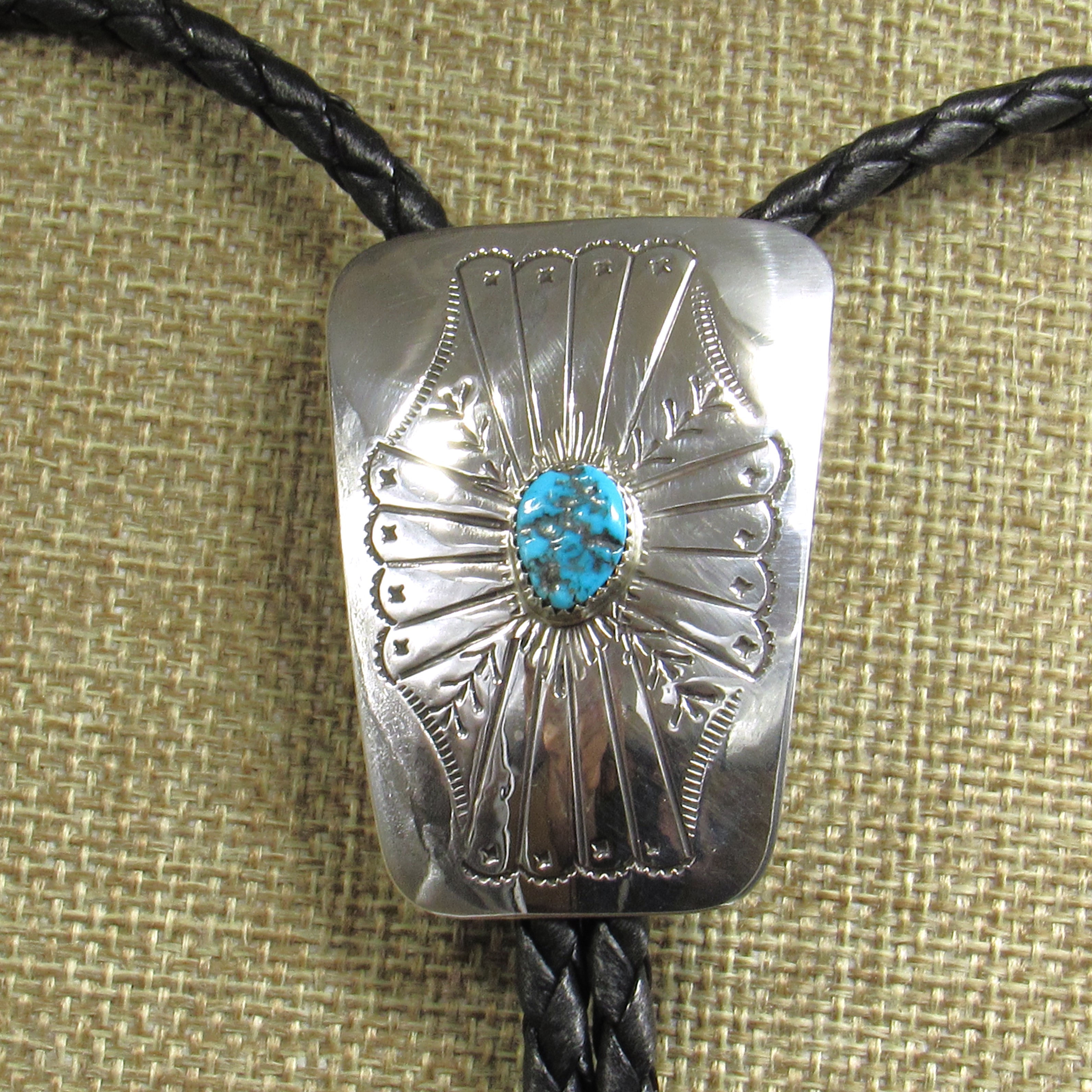*Rectangular Stamped Sterling Silver and Turquoise Bolo Tie