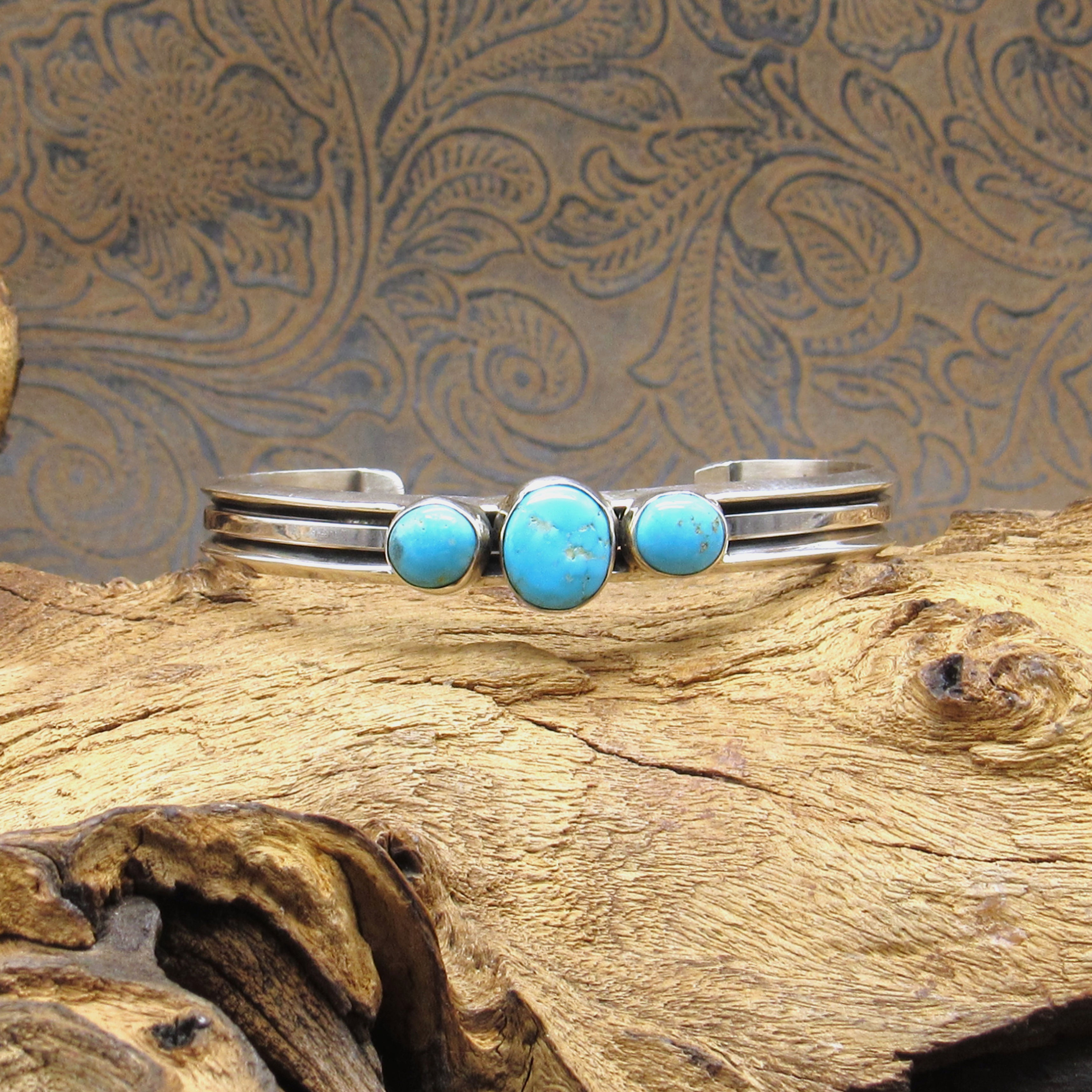 Three Stone Turquoise Sterling Silver Cuff Bracelet
