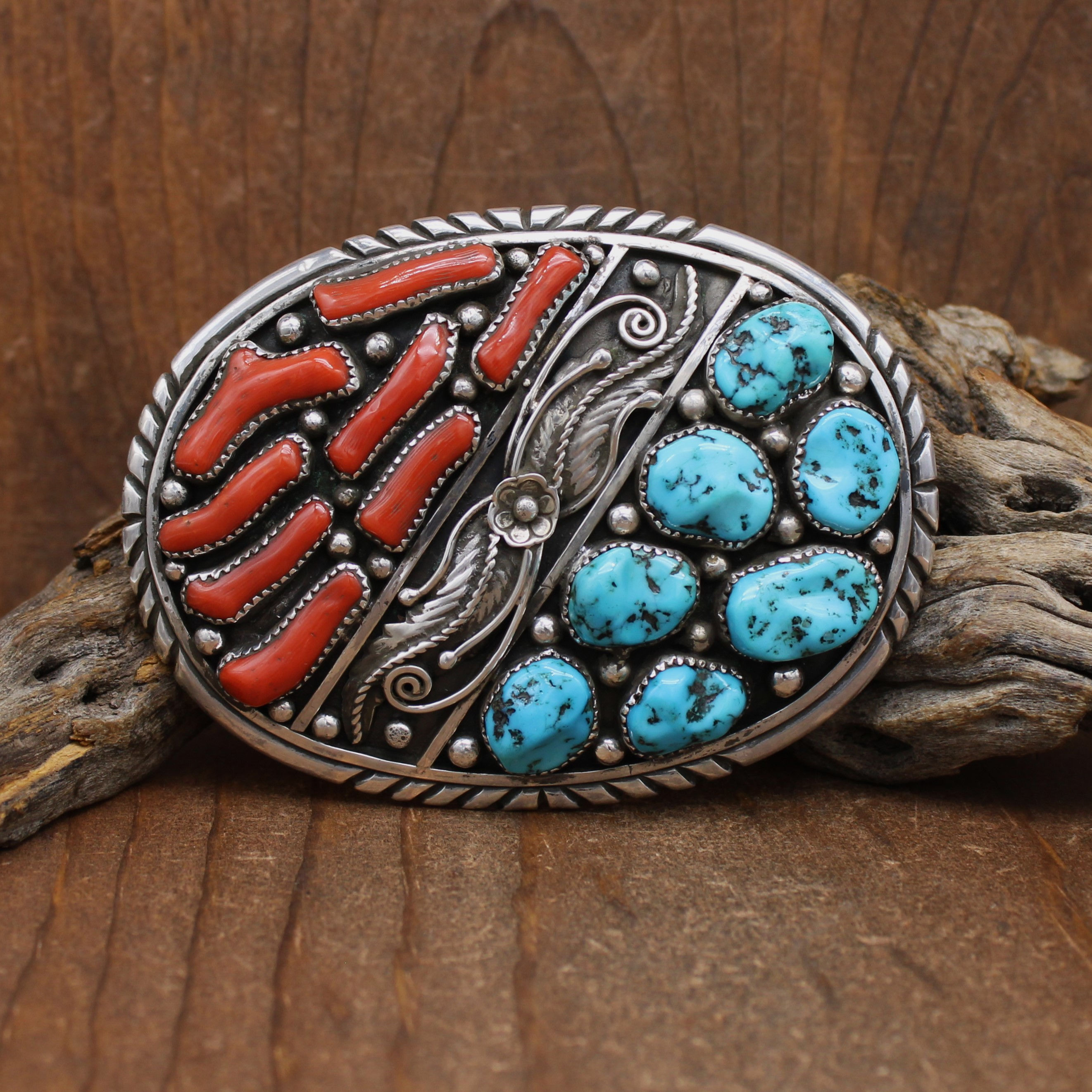 *Stunning Sterling Silver Coral and Turquoise Oval Belt Buckle
