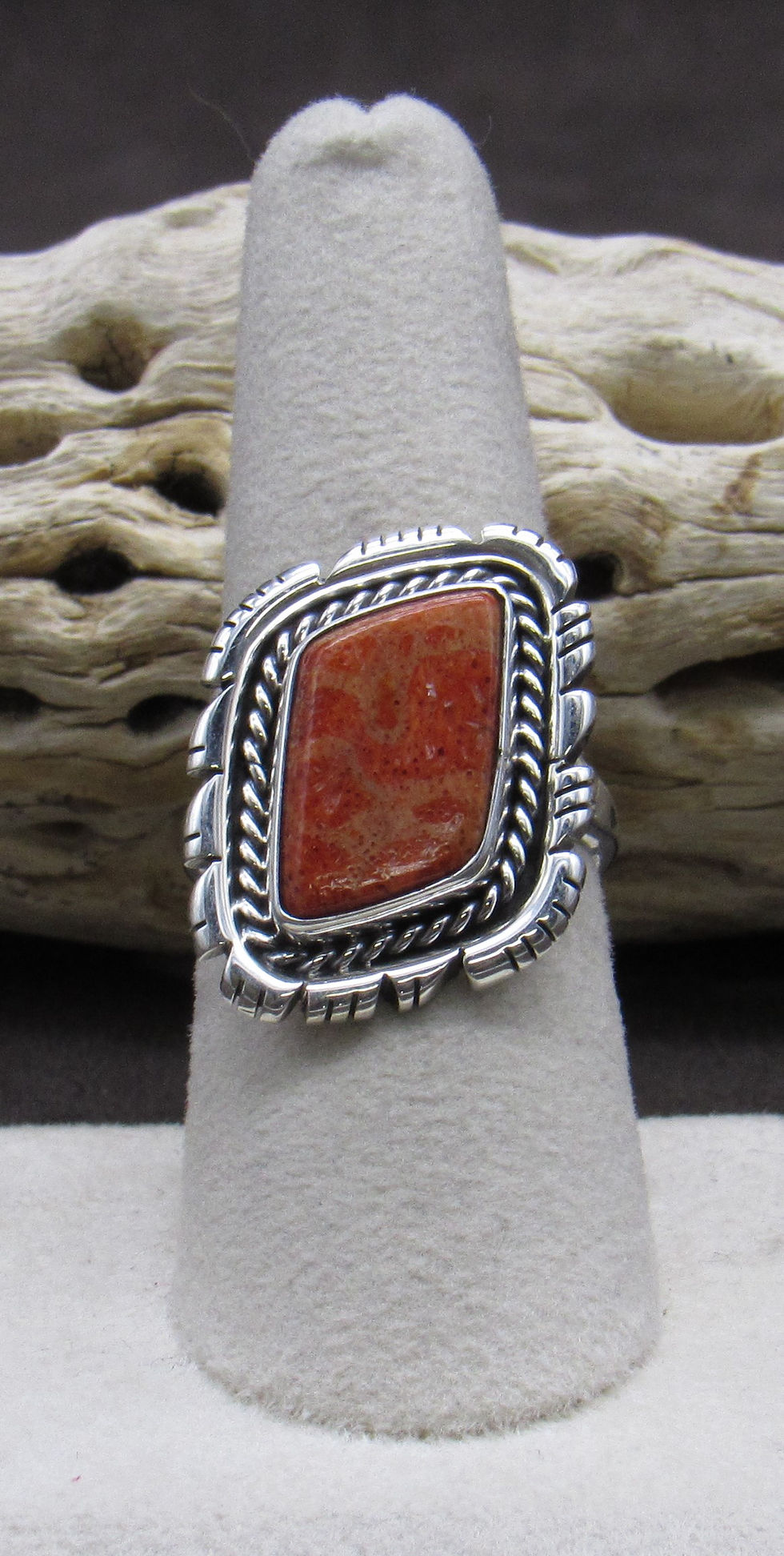 Apple Coral and Sterling Silver Ring Size 8 1/4
