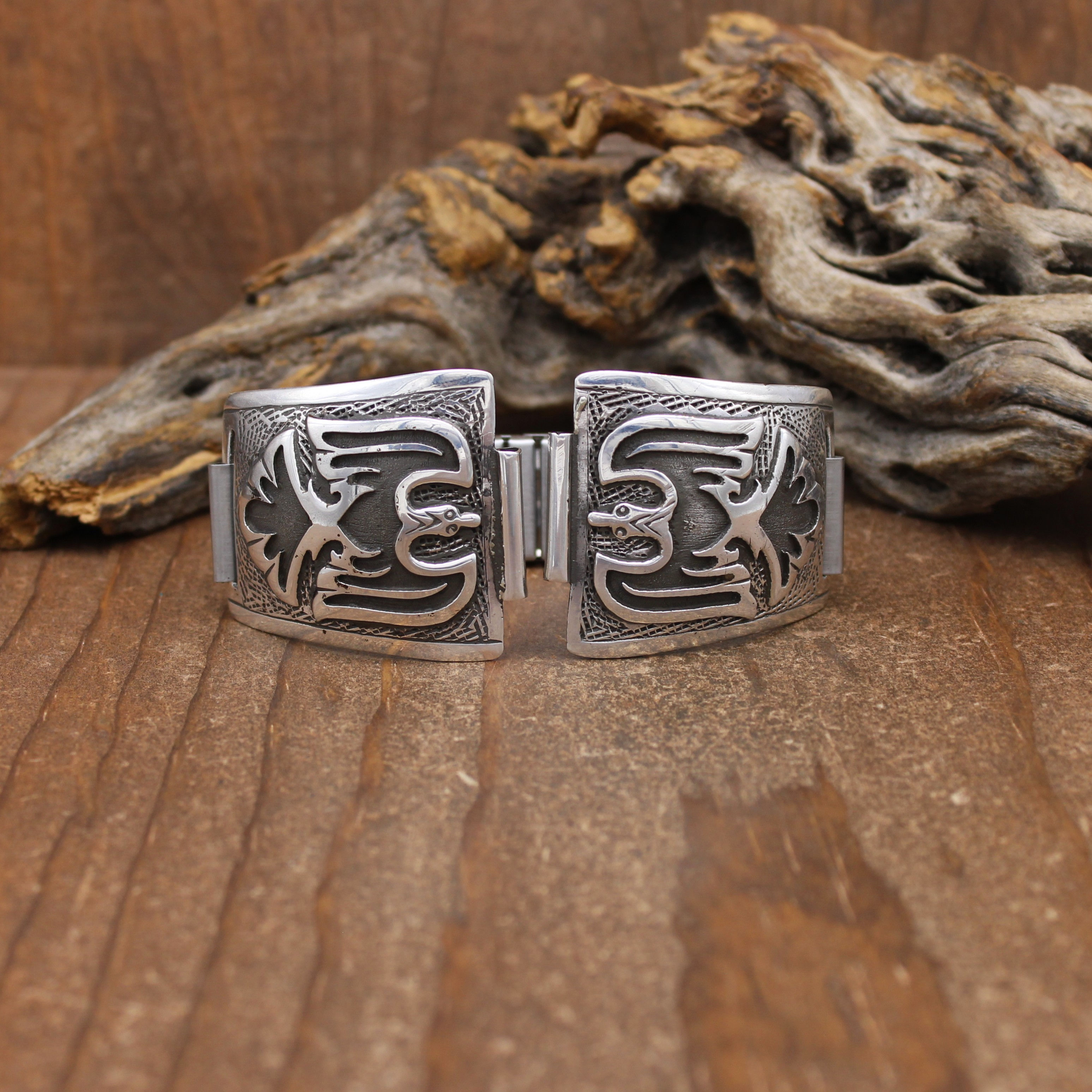 Sterling Silver Overlay Peyote Bird Watchband by Charlie Singer