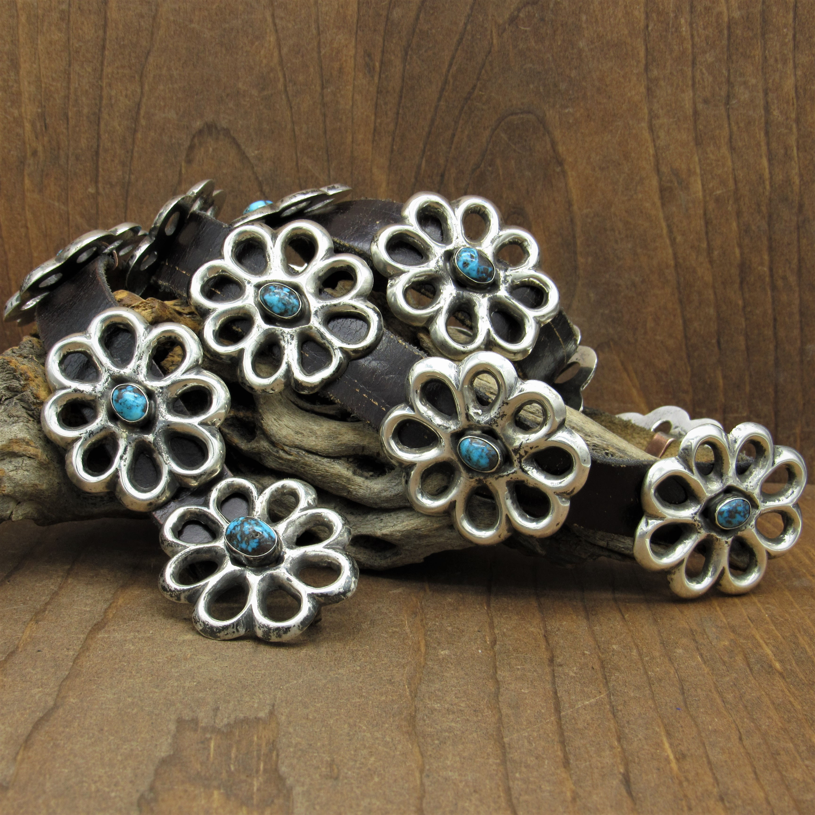 Sand Cast Southwest Sterling Silver and Turquoise Concho Belt