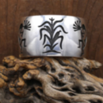 Kokopelli and Cornstalk Sterling Silver Overlay Cuff Bracelet