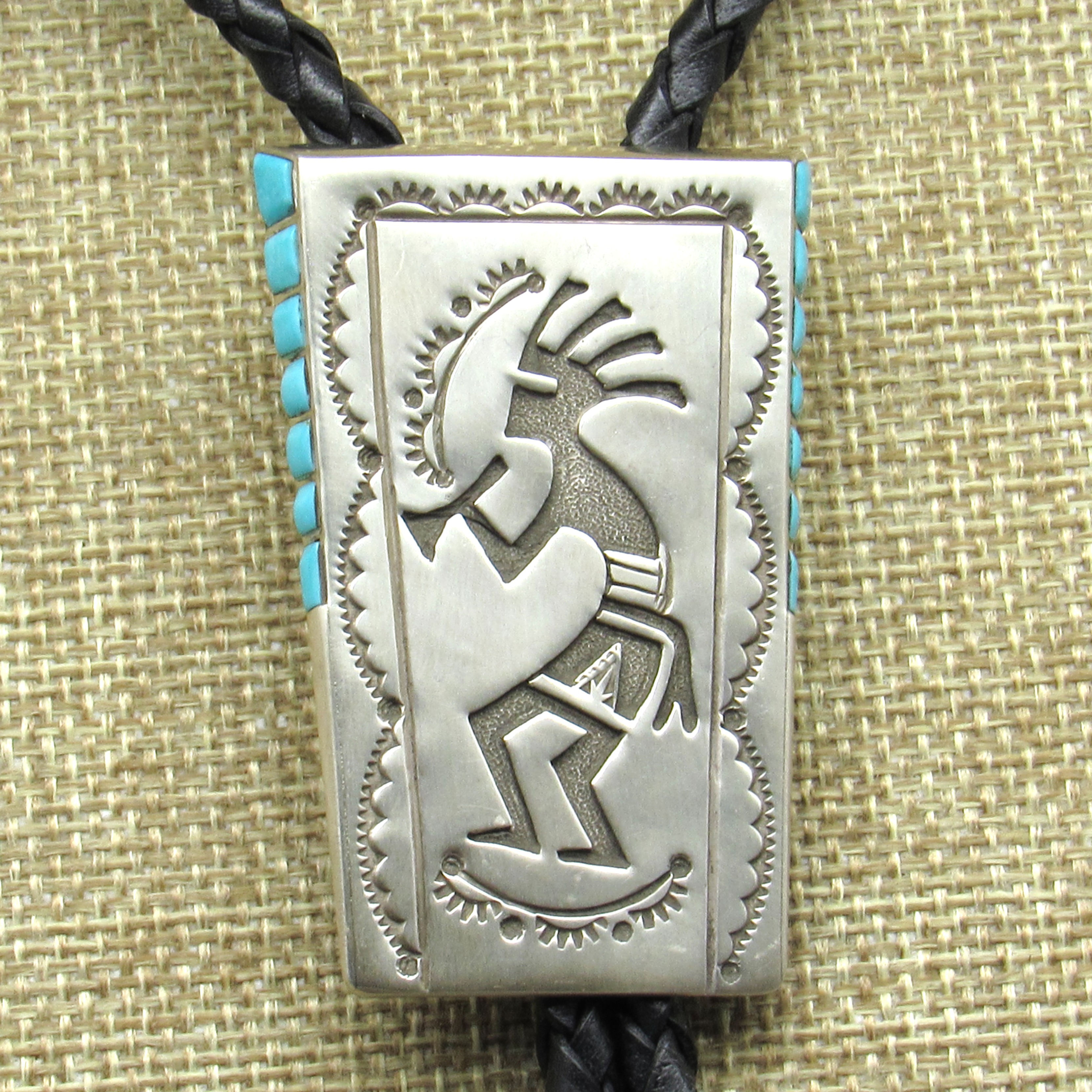 Navajo Kokopelli Turquoise Overlay Sterling Silver Bolo Tie