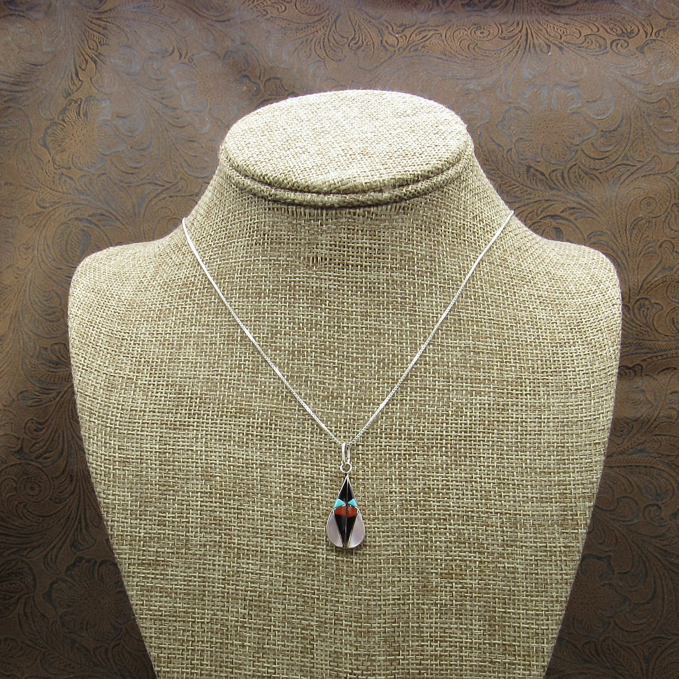 Turquoise Jet Coral Mother of Pearl Sterling Silver Inlay Teardrop Necklace
