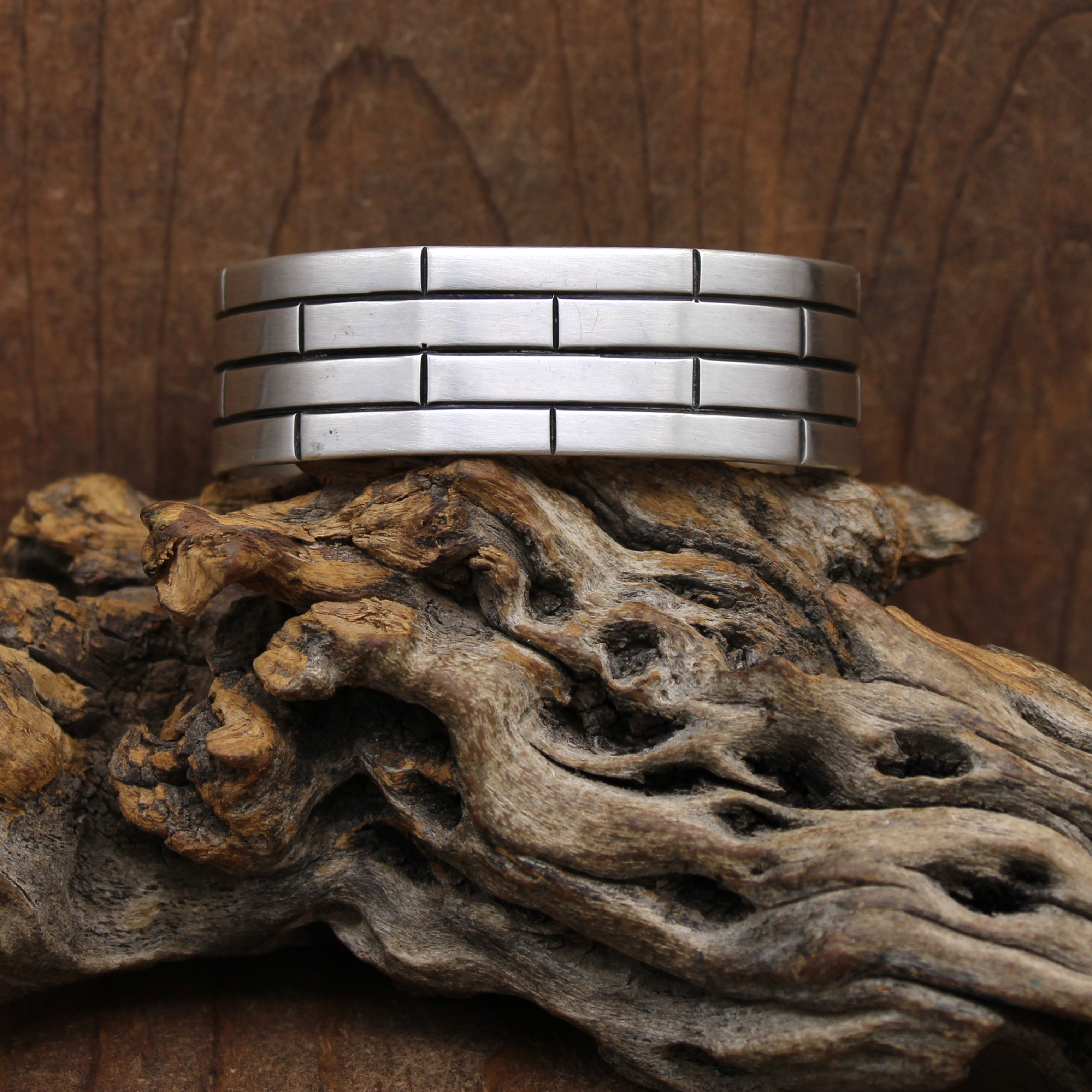 Mike Begay Sterling Silver Overlay Brick Design Cuff Bracelet