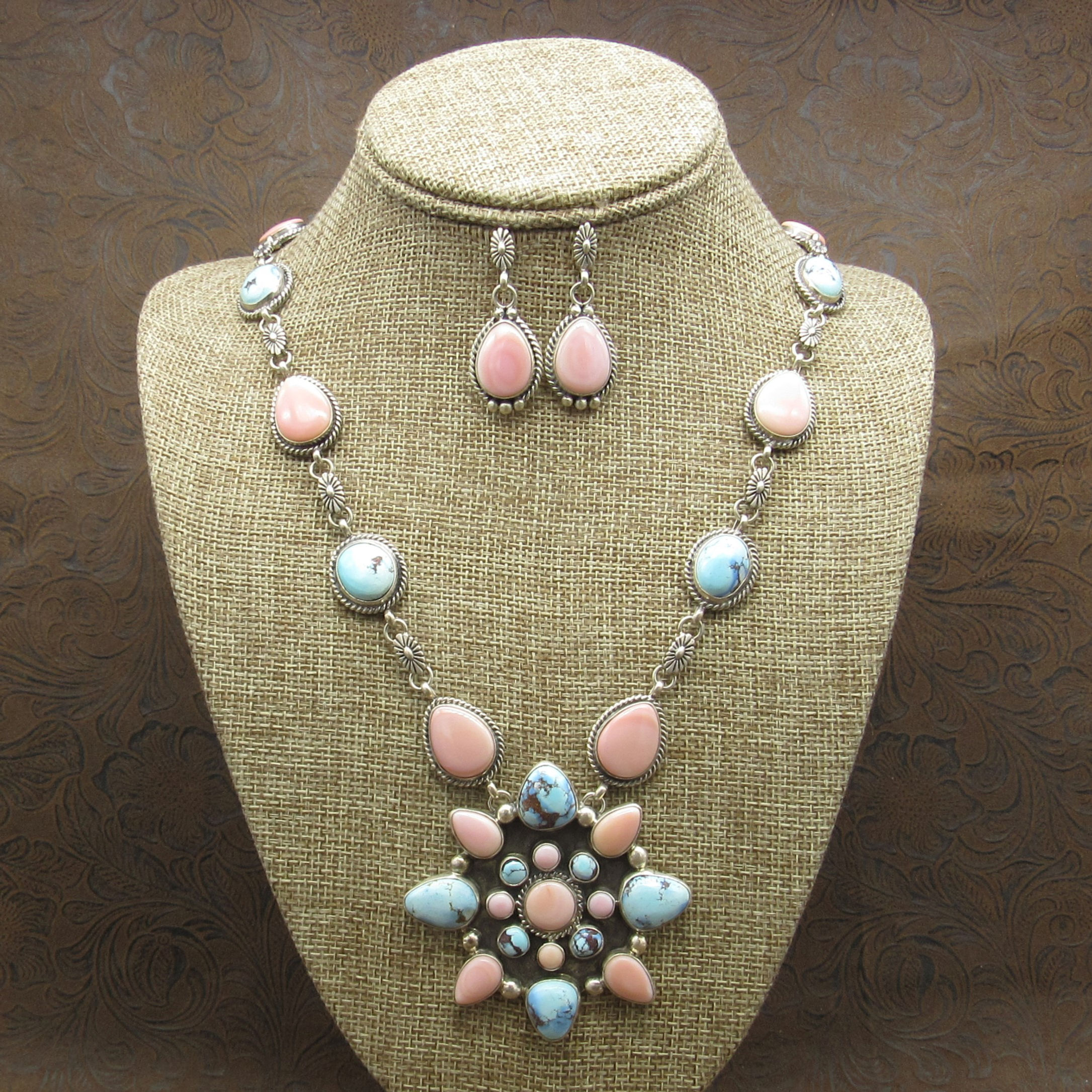 Navajo Sterling Silver Pink Conch Shell and Golden Hills Turquoise Necklace Set