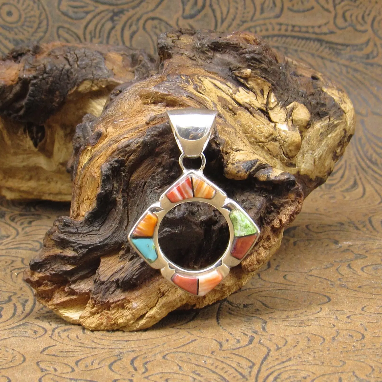 Sterling Silver Diamond-shaped Multi-stone Inlay Pendant with Round Cutout