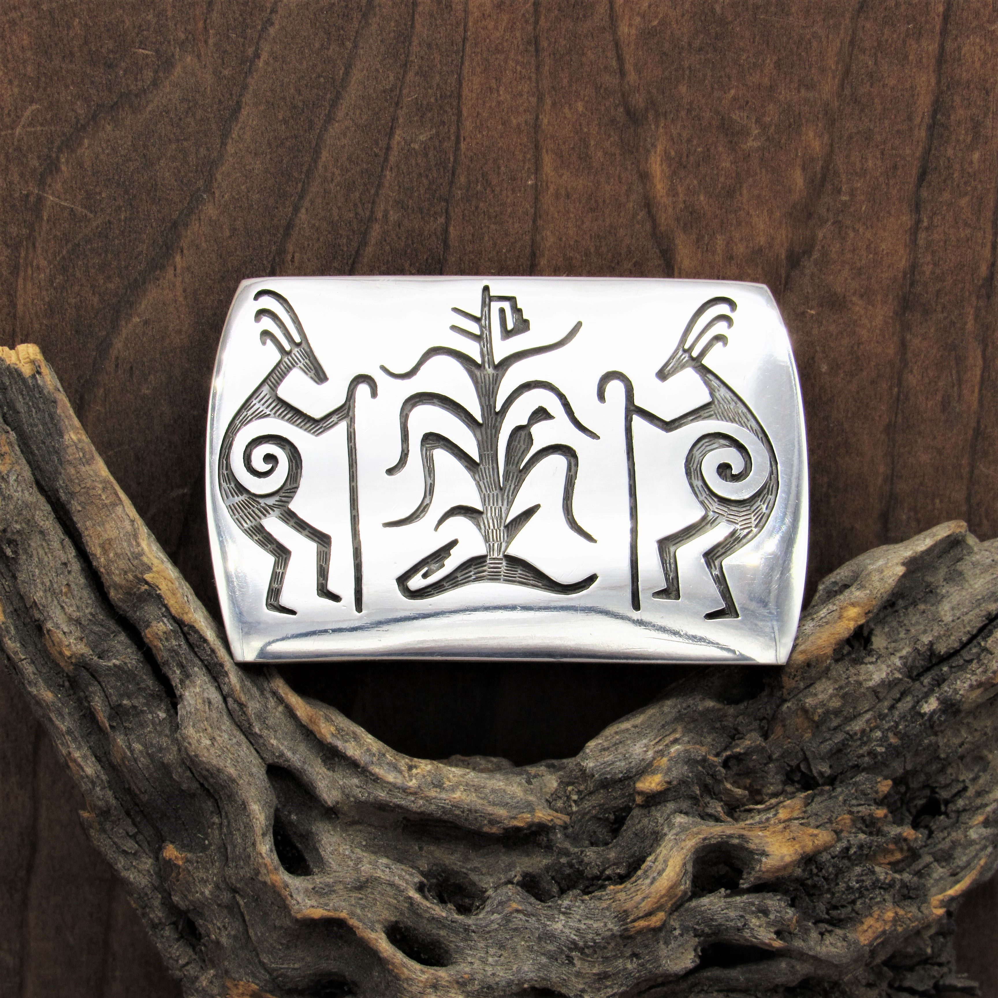 Southwest Sterling Silver Kokopelli and Corn Belt Buckle