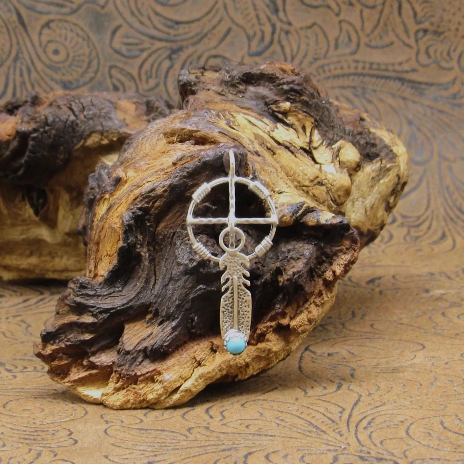 Sterling Silver Medicine Wheel with Feather and Turquoise Pendant