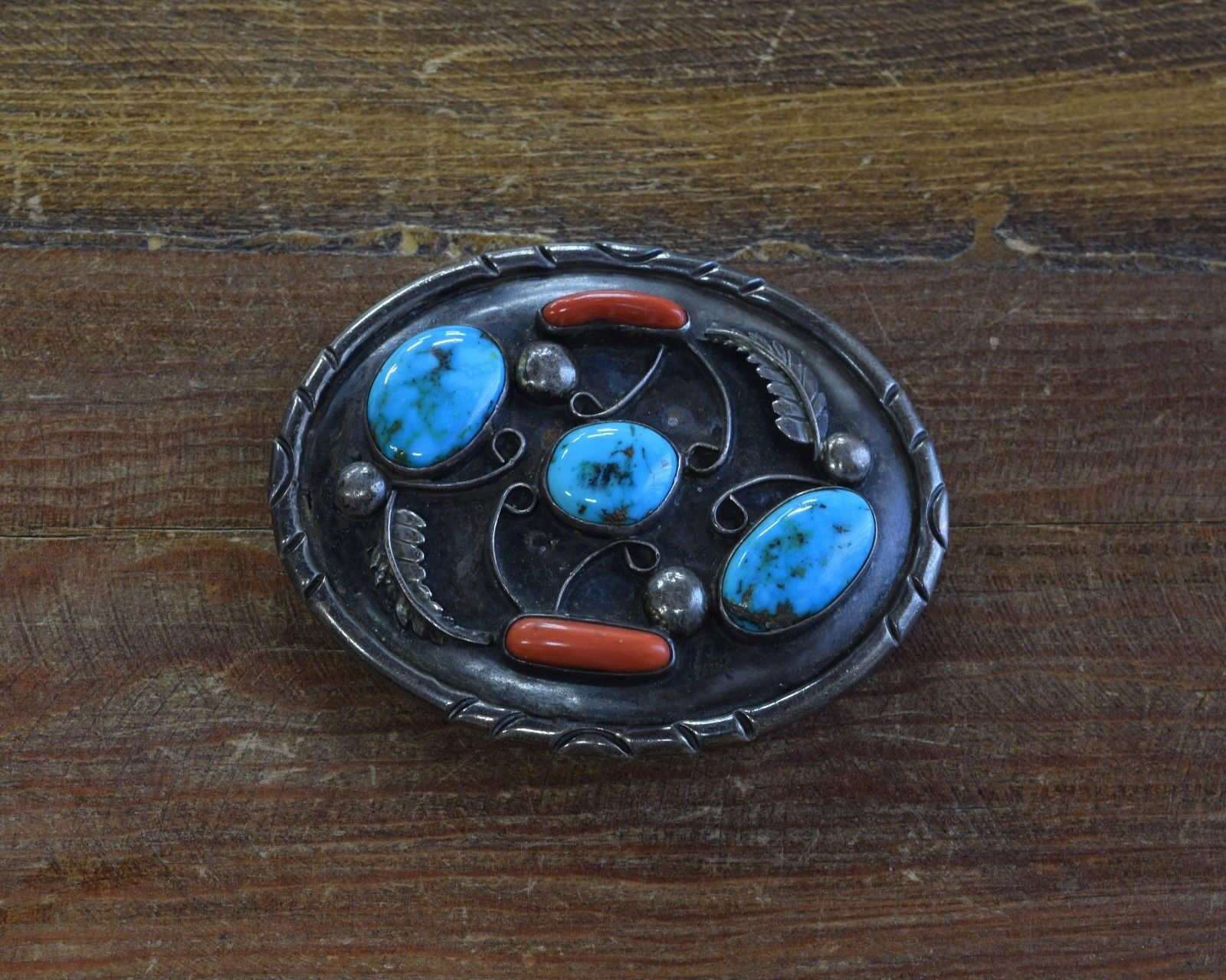 Vintage Turquoise and Coral Sterling Silver Belt Buckle