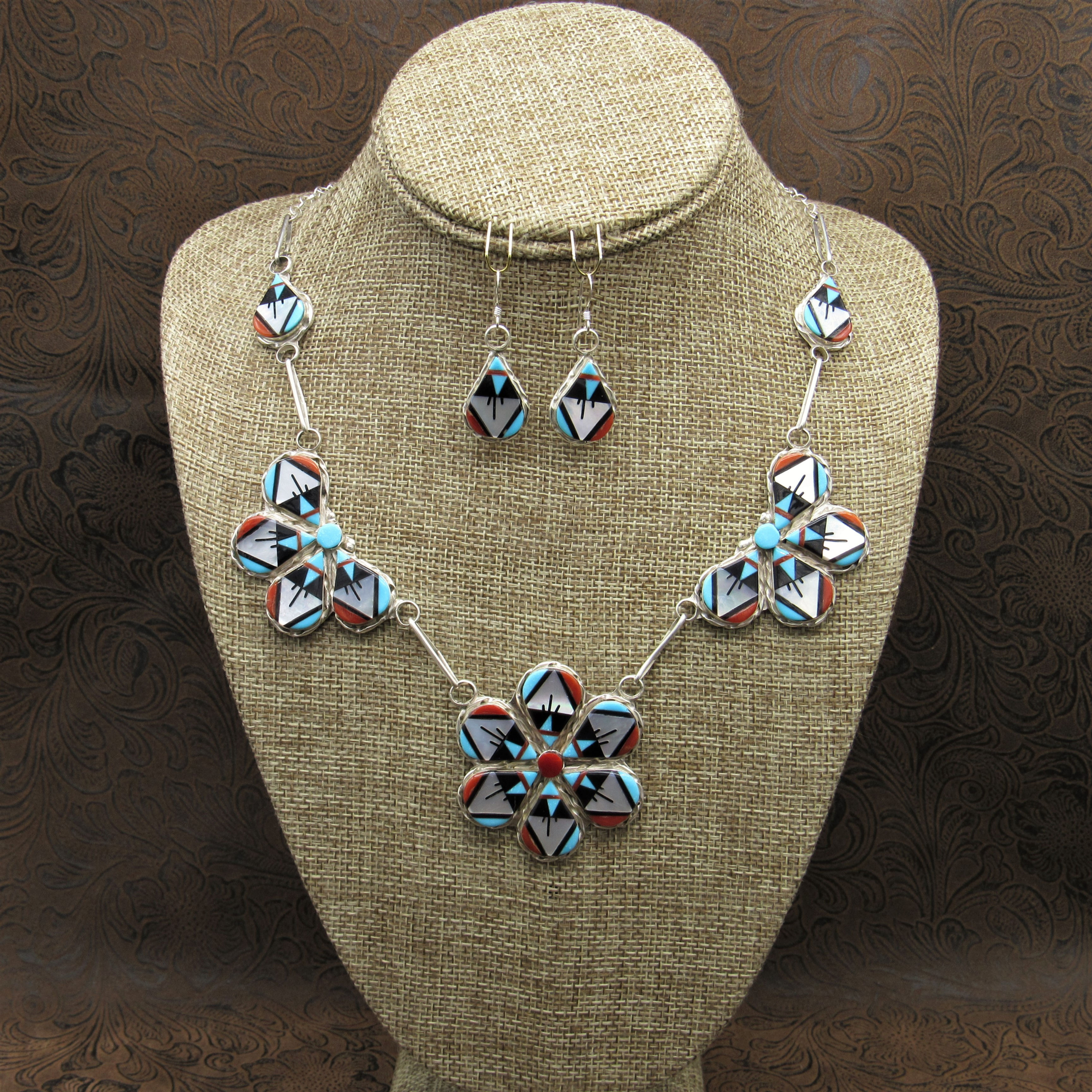 *Zuni Inlay Flower and Butterfly Necklace and Earrings Set