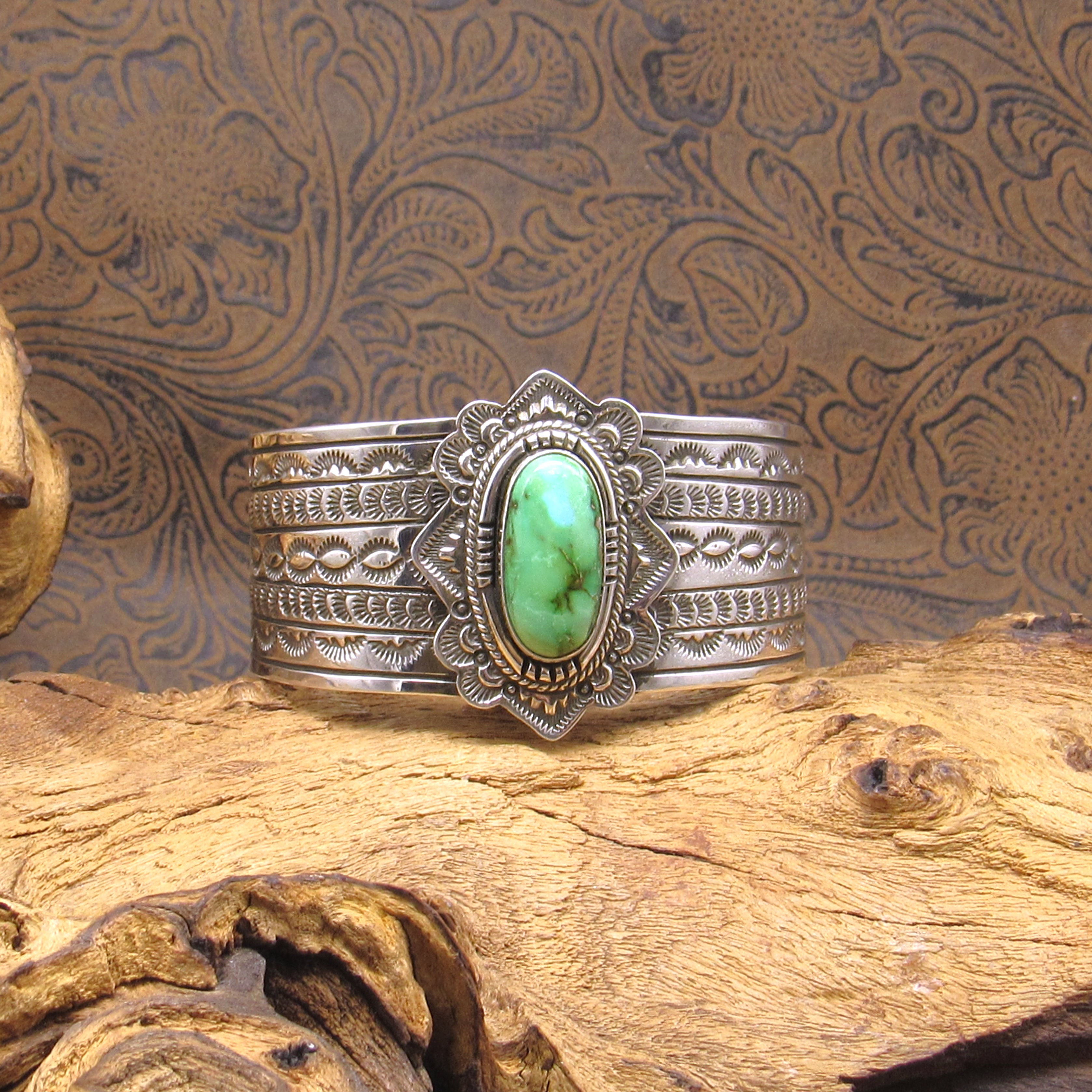 Navajo Hand Stamped Sterling Silver Green Turquoise Wide Cuff Bracelet