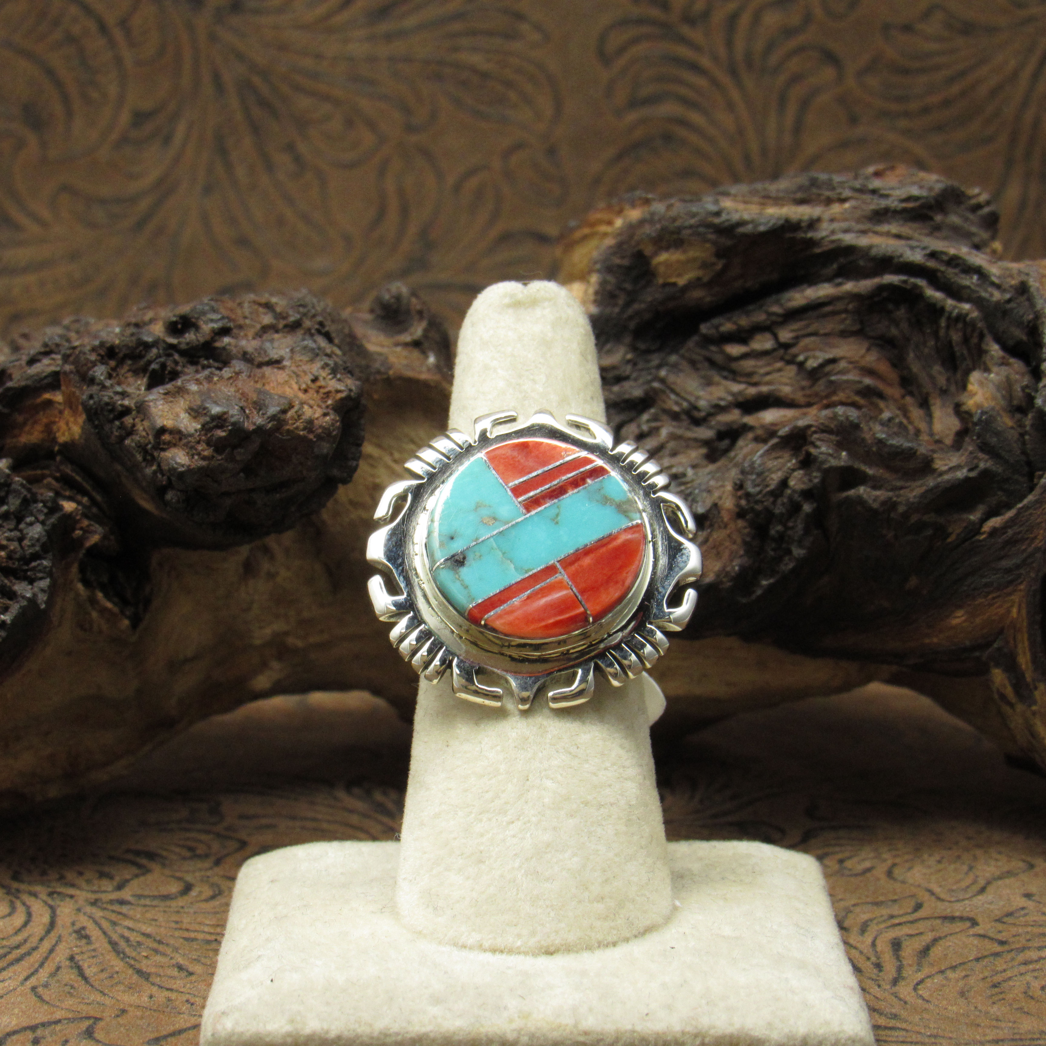 Sterling Silver Round Spiny Oyster and Turquoise Inlay Ring Size 8.25