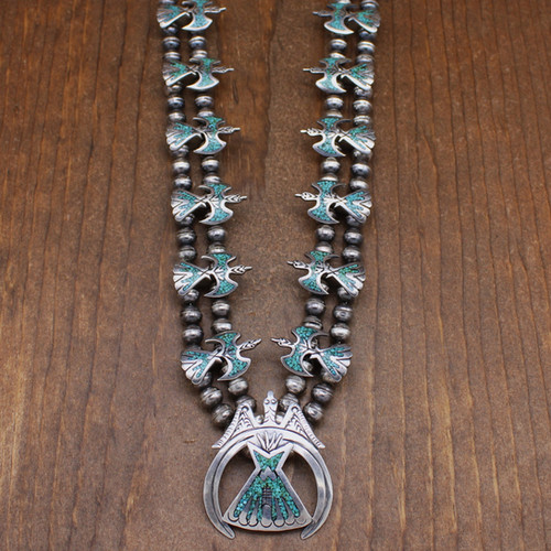 Vintage Sterling Silver Chip Inlay Turquoise Peyote Bird Squash