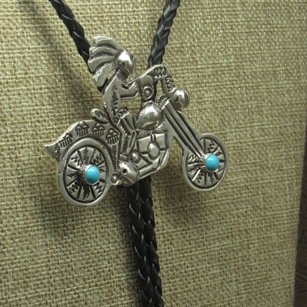 Thumbnail: *Sterling Silver Bolo Tie With Kokopelli On A Motorcycle With Turquoise Stones