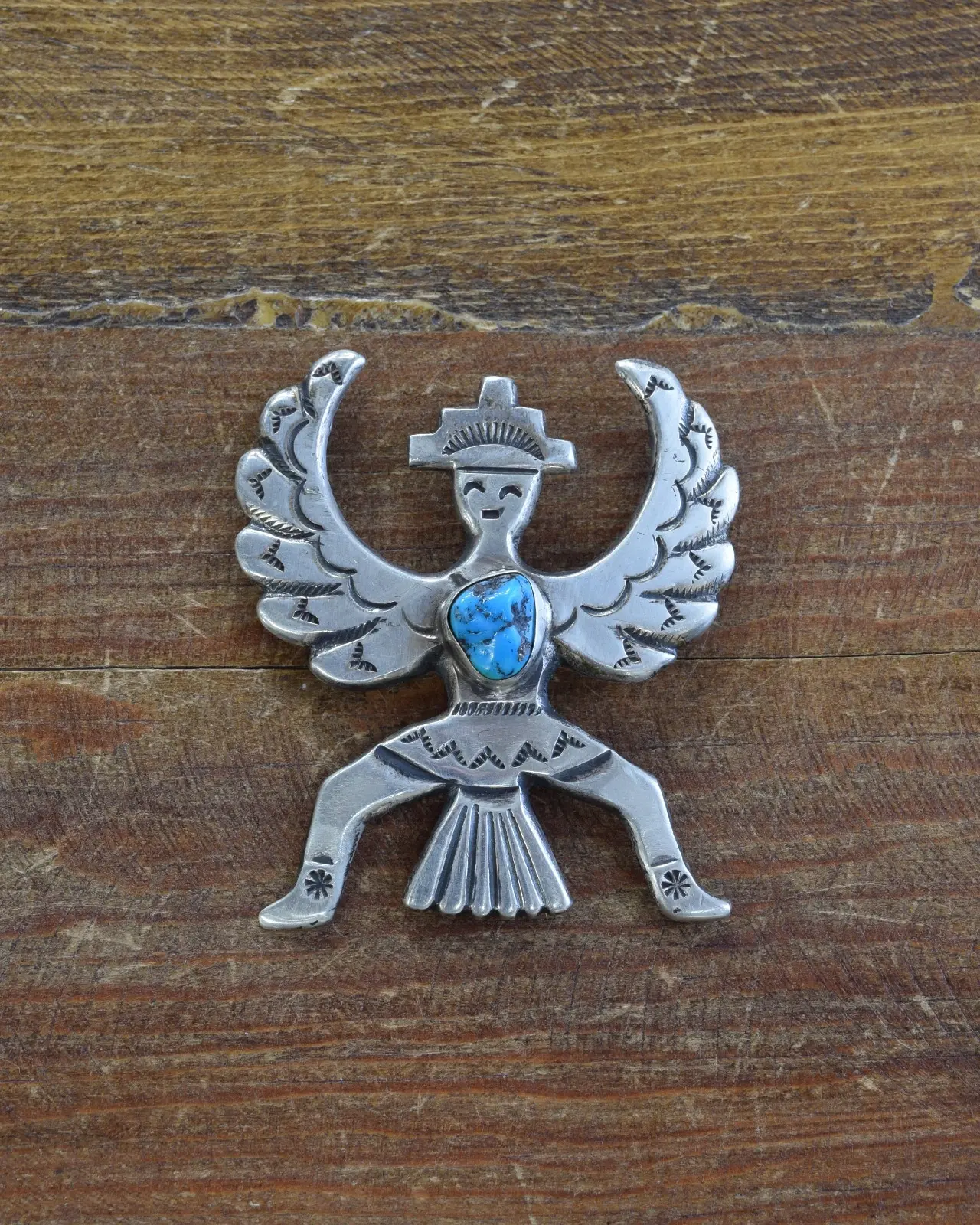 *Navajo Cast Sterling Silver and Turquoise Knife Wing Pin
