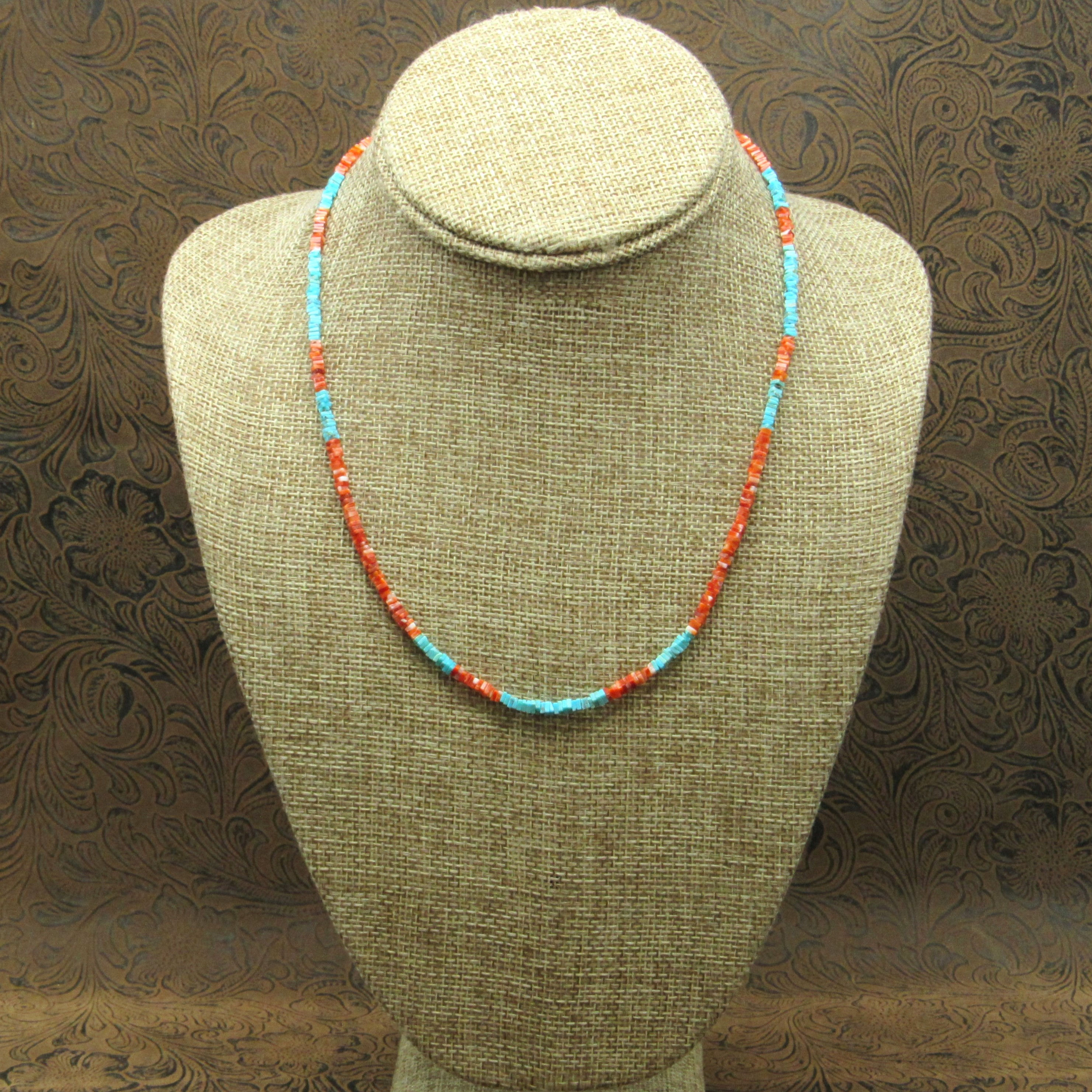 Turquoise and Spiny Oyster Block Bead Necklace