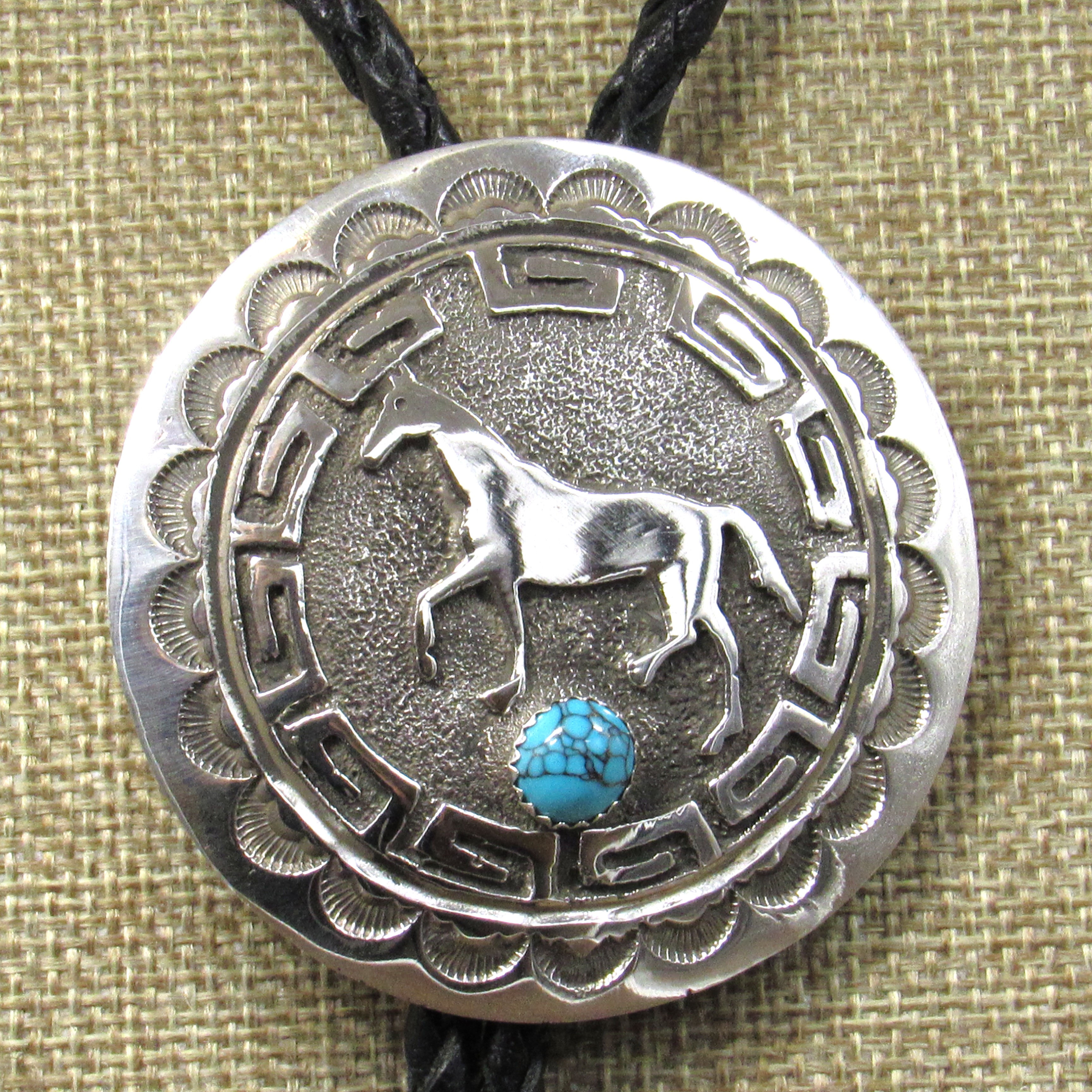 *Round Sterling Silver and Turquoise Bolo Tie with Horse Design