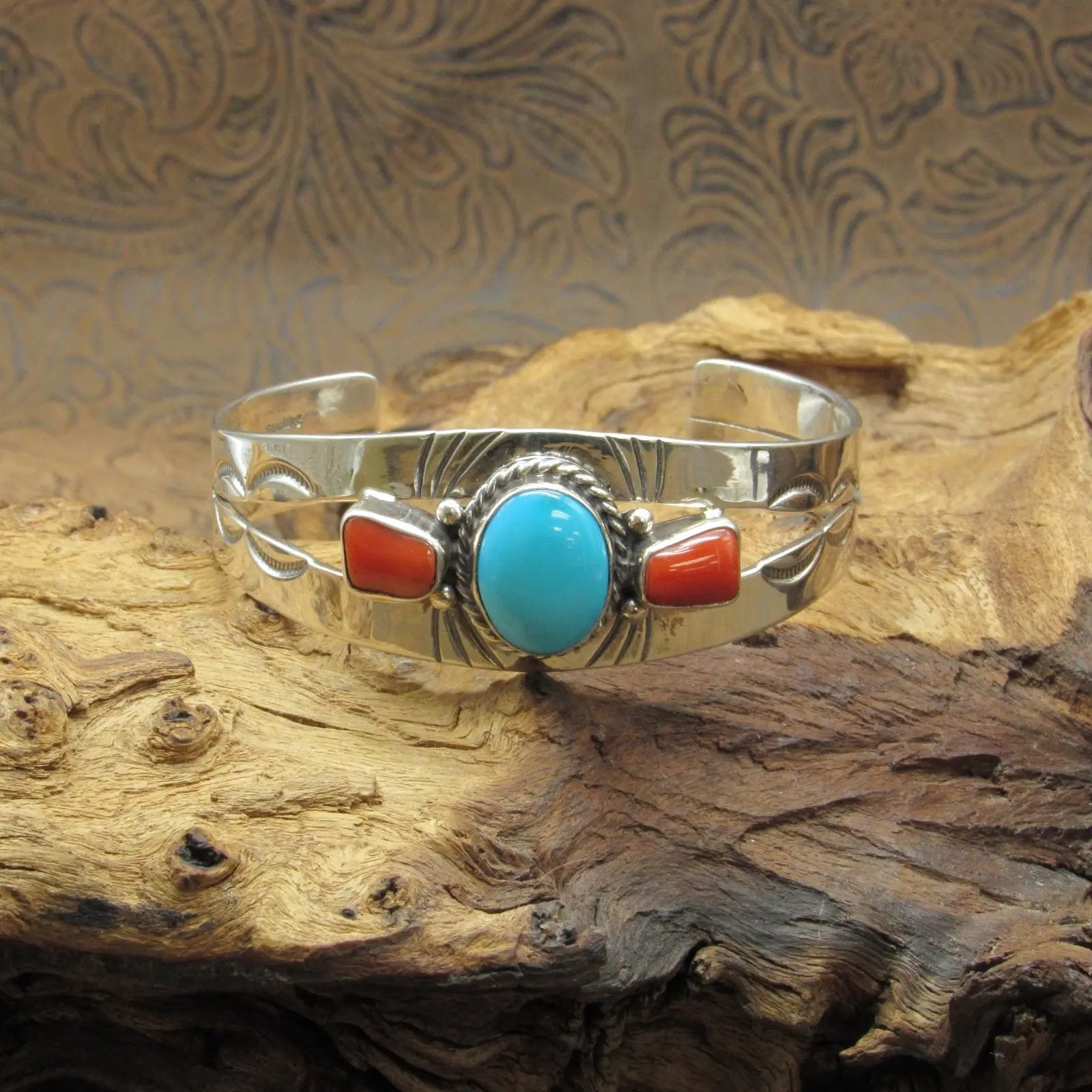 Hopi Sterling Silver Coral and Turquoise Cuff Bracelet by Lucian Koinva