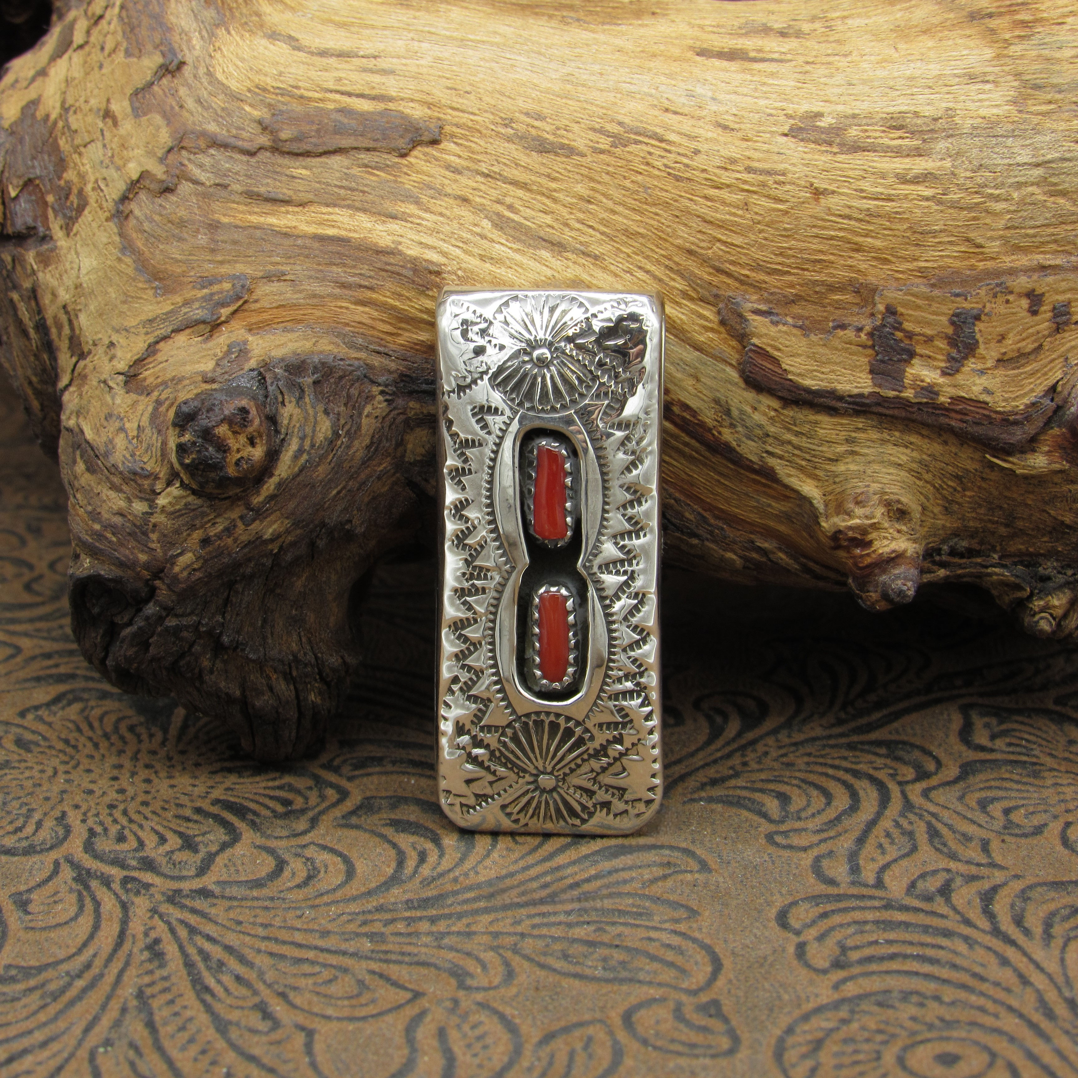 Two Stone Coral Hand Stamped Sterling Silver Shadowbox  Money Clip