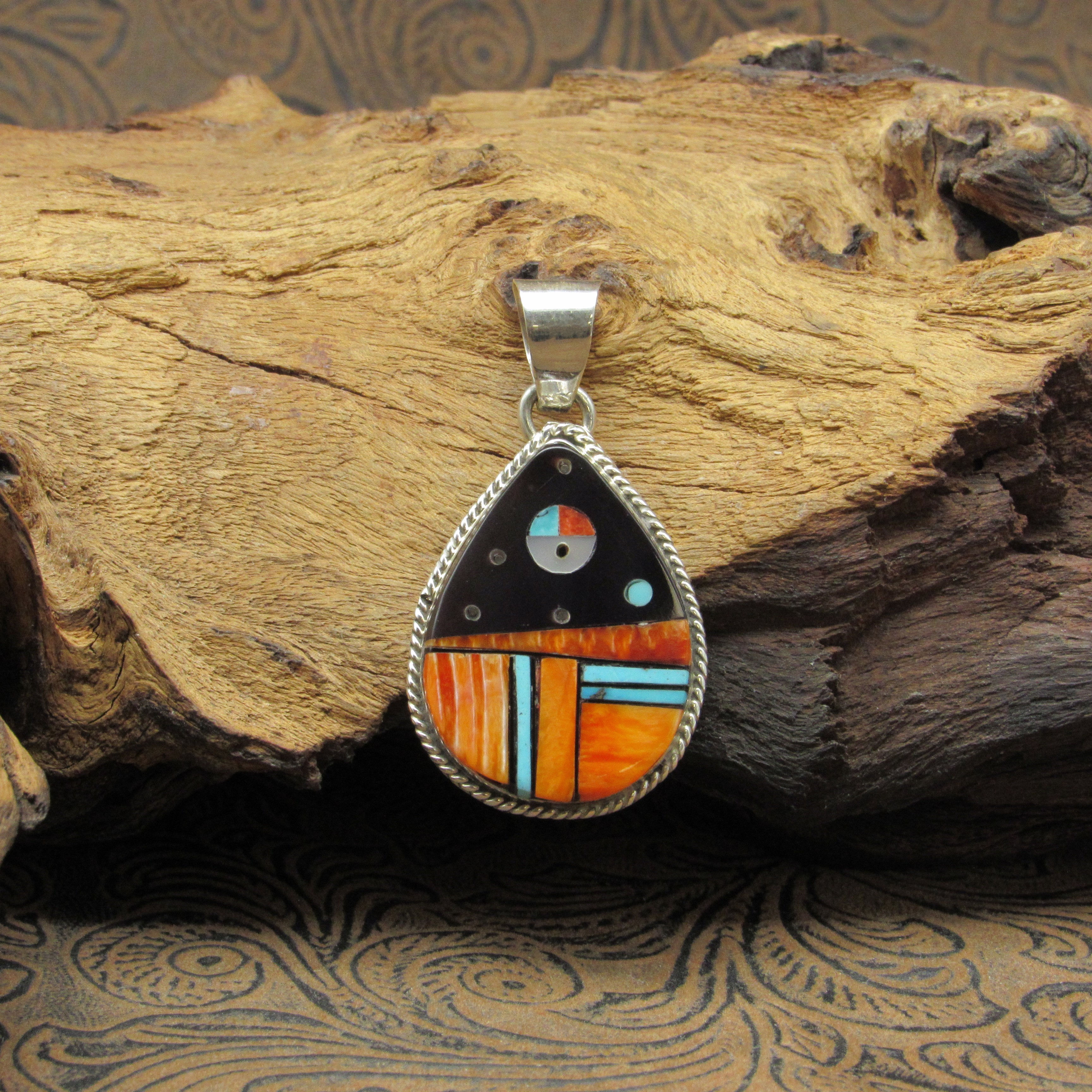 Sterling Silver Sunface Night Sky Multi-Stone Inlay Teardrop Pendant