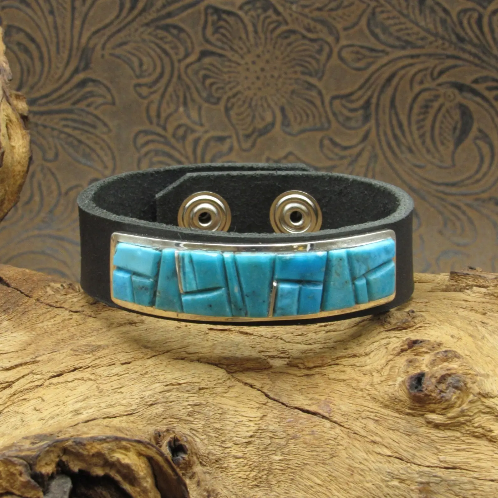 Artisan Turquoise Inlay Leather Bracelet by Edison Yazzie