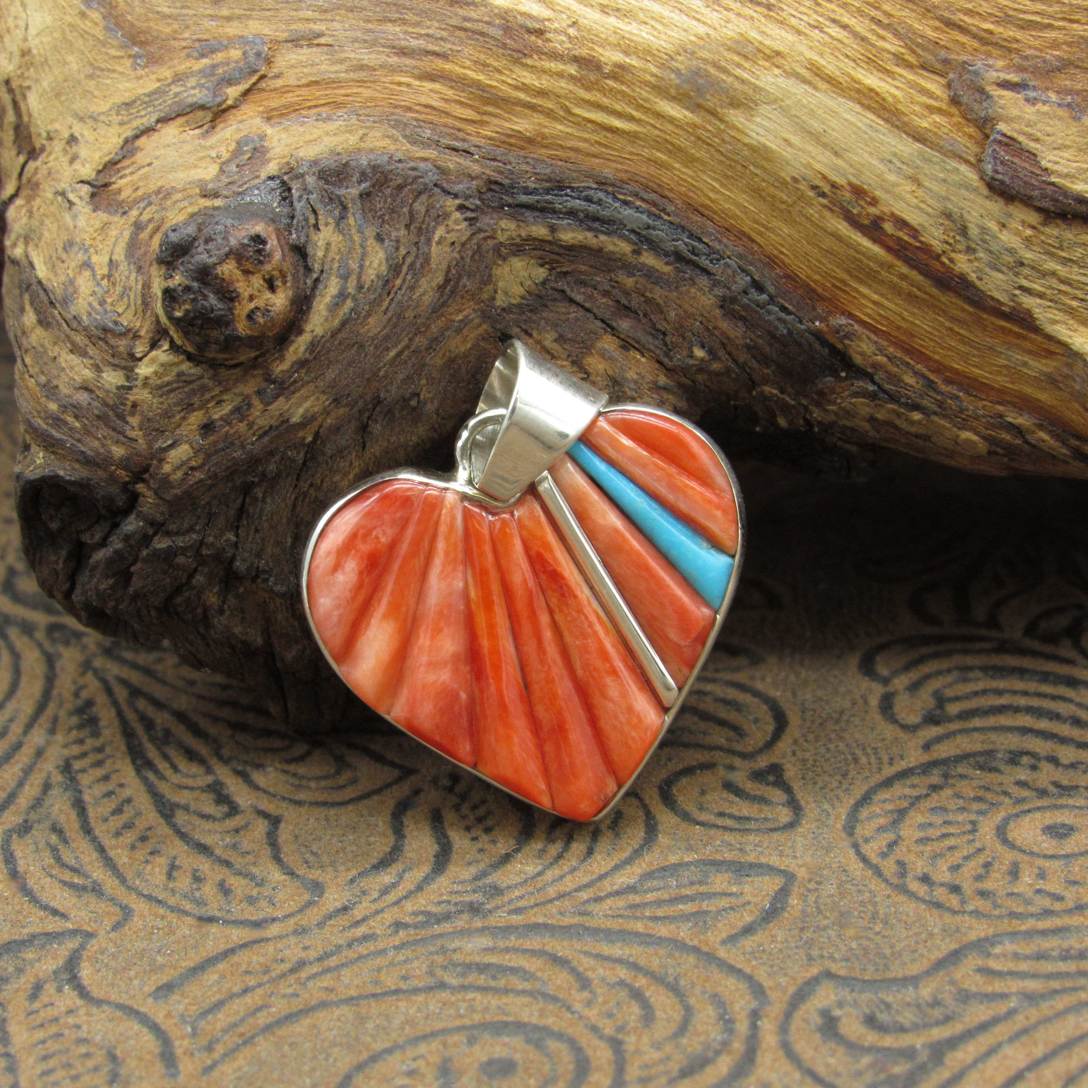 *Cobblestone Spiny Oyster Multi-Stone Inlay Sterling Silver Heart Pendant